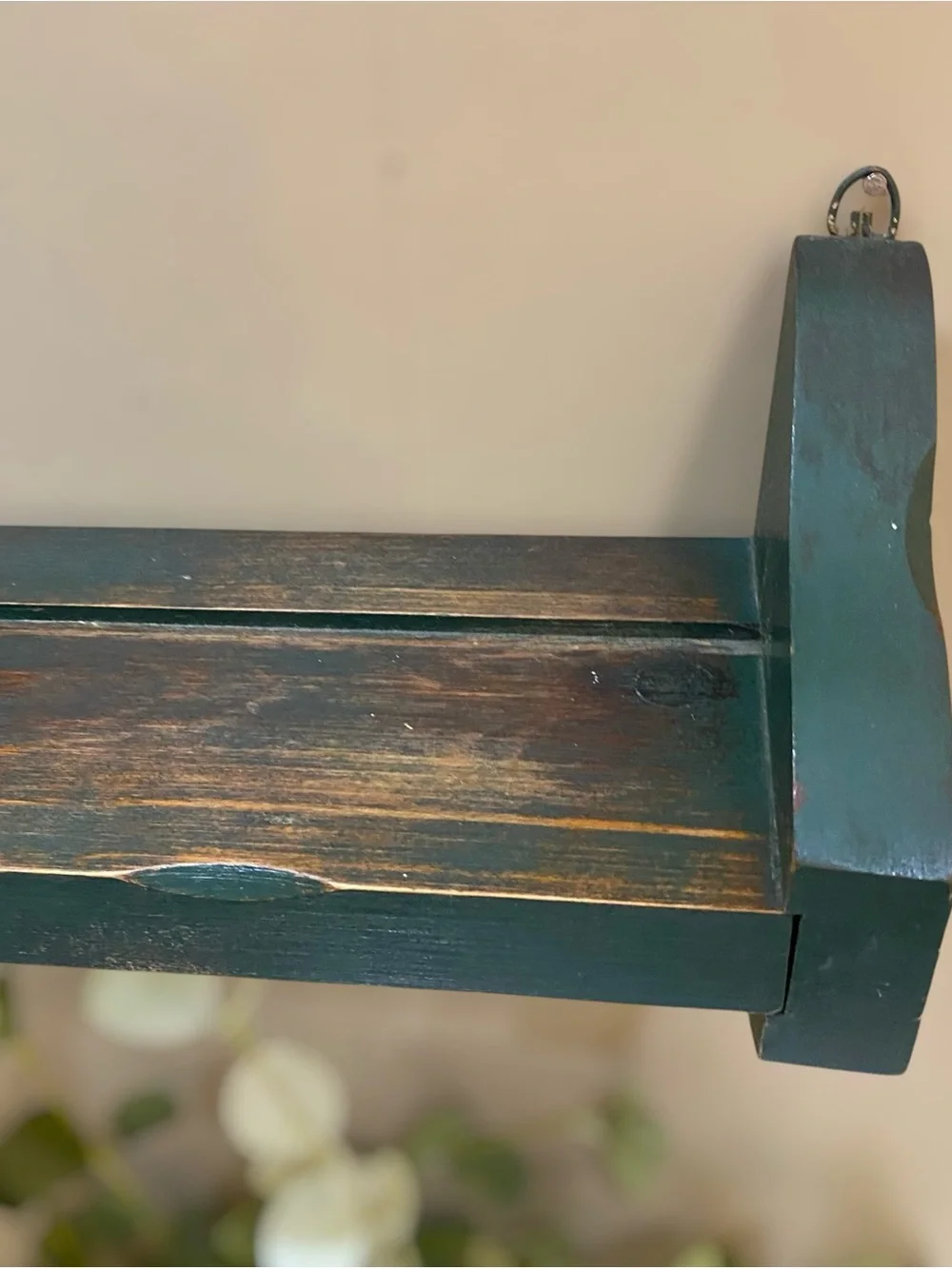 Vintage Wall Shelf w Plate Grove Green Distressed Wood Display Farmhouse Country